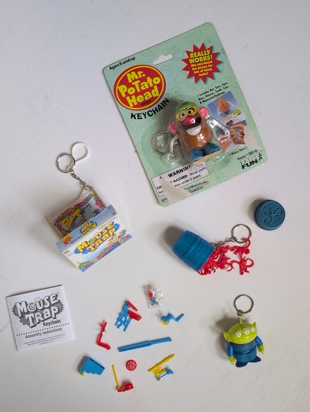 Vintage Keychains - Basic Fun, Barrel Of Monkeys, Mouse Trap, Mr. Potato Head
